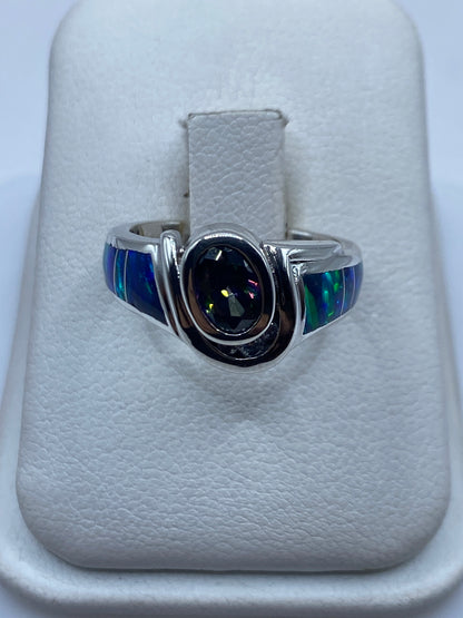 Anillo solitario con ópalo de fuego azul natural en plata .925