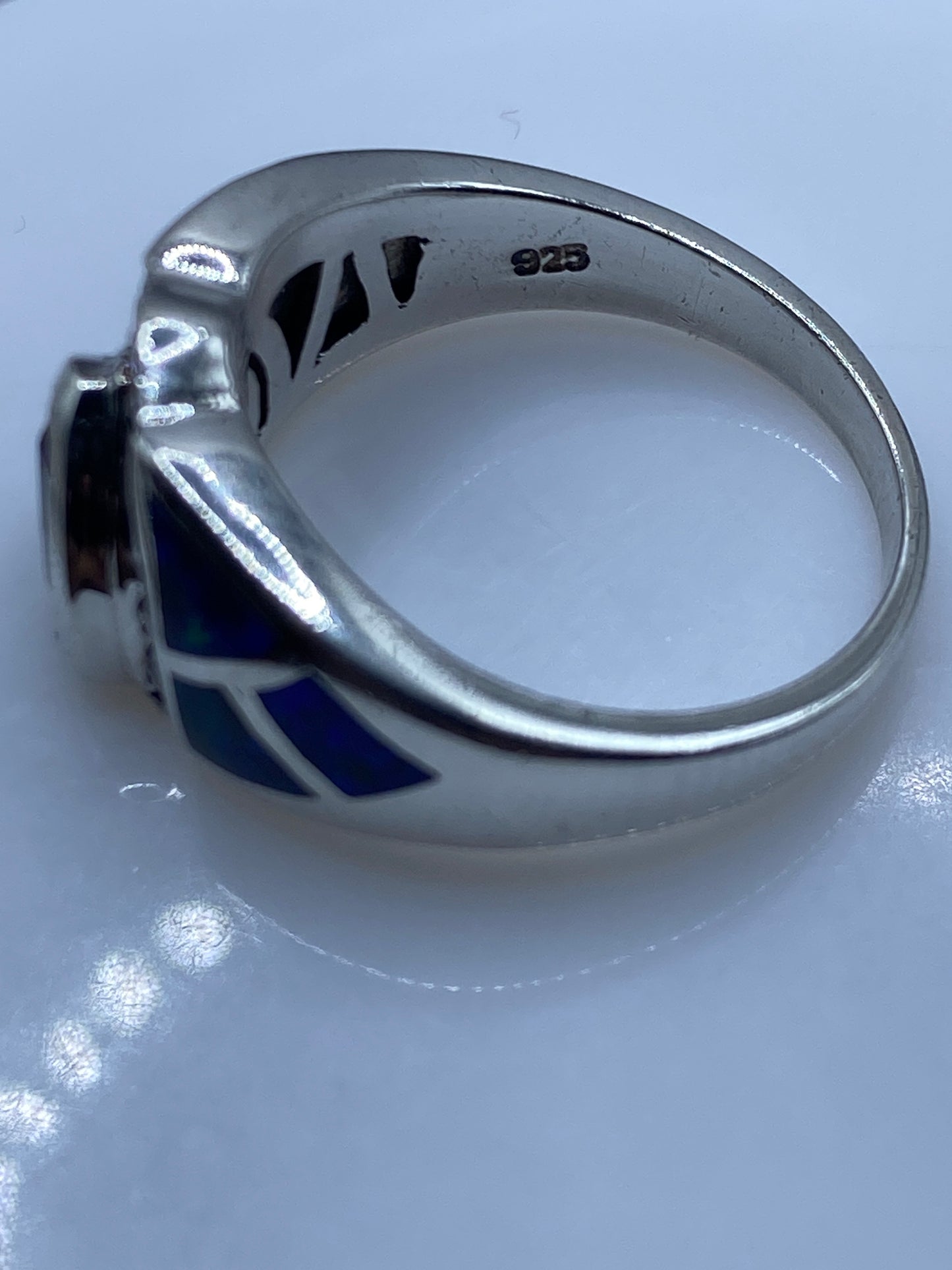 Anillo de Plata Ópalo de Fuego Azul — Coctel Art Decó — foto 5