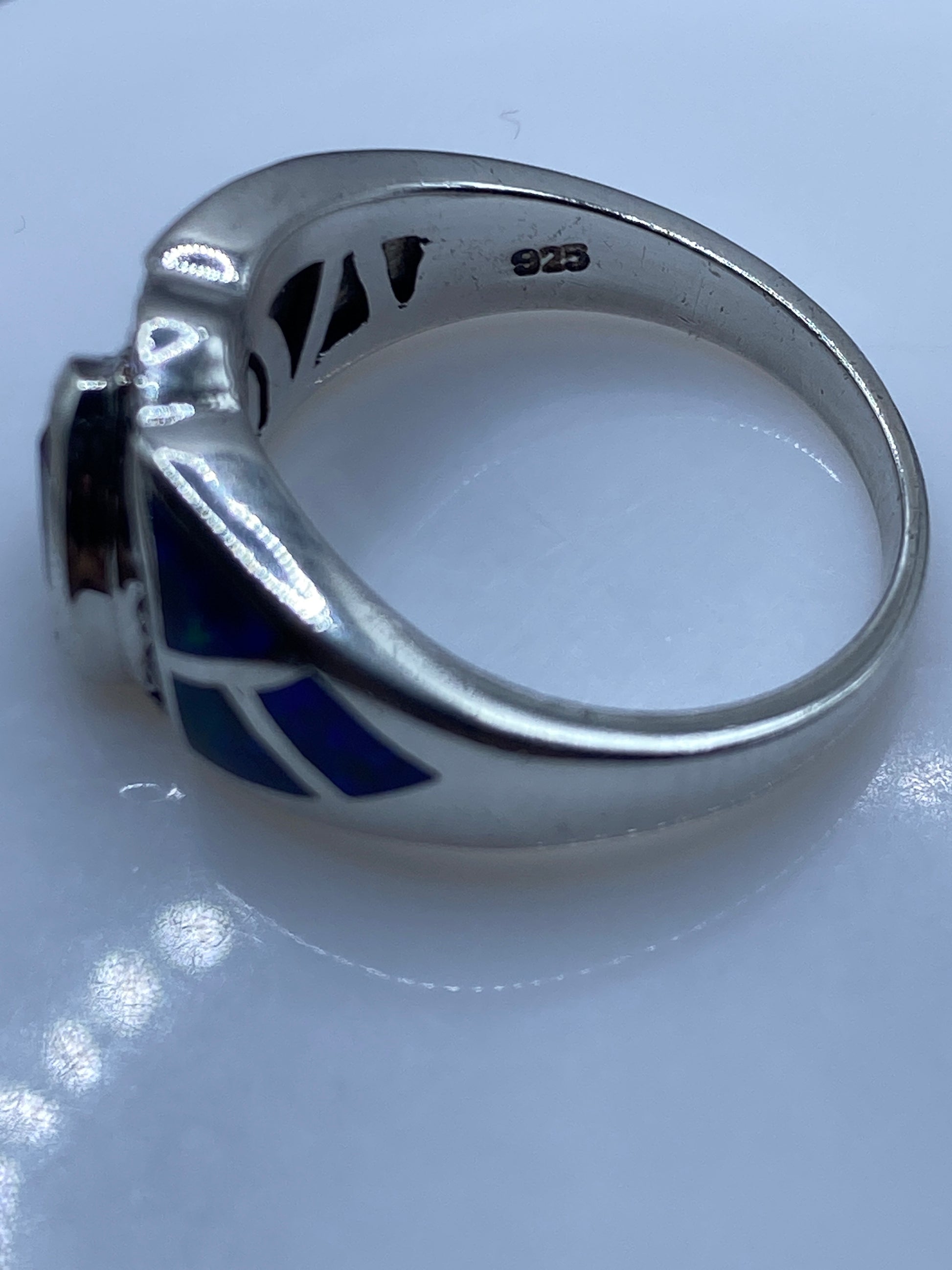 Anillo de Plata Ópalo de Fuego Azul — Coctel Art Decó — foto 5