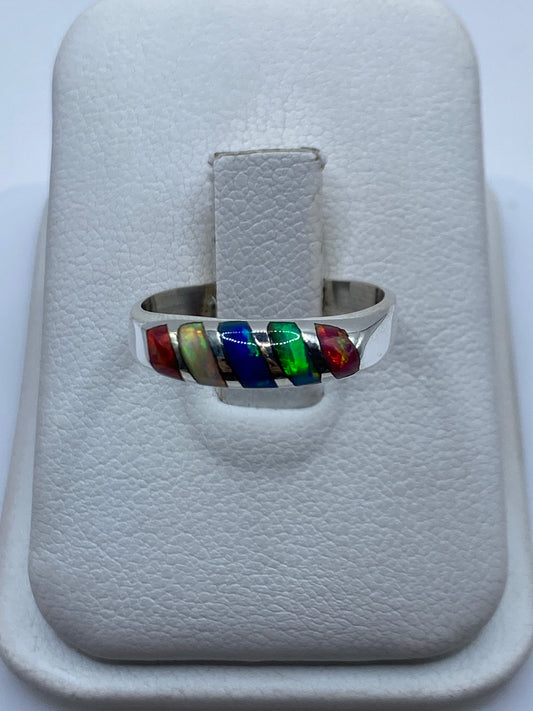 Anillo de Plata Ópalo de Fuego Multicolor — Banda Minimalista — foto 1