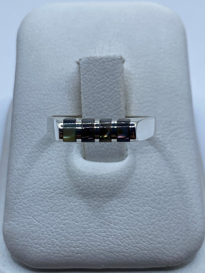 Anillo de plata minimalista con piedras engastadas en la banda, vista frontal sobre estuche blanco