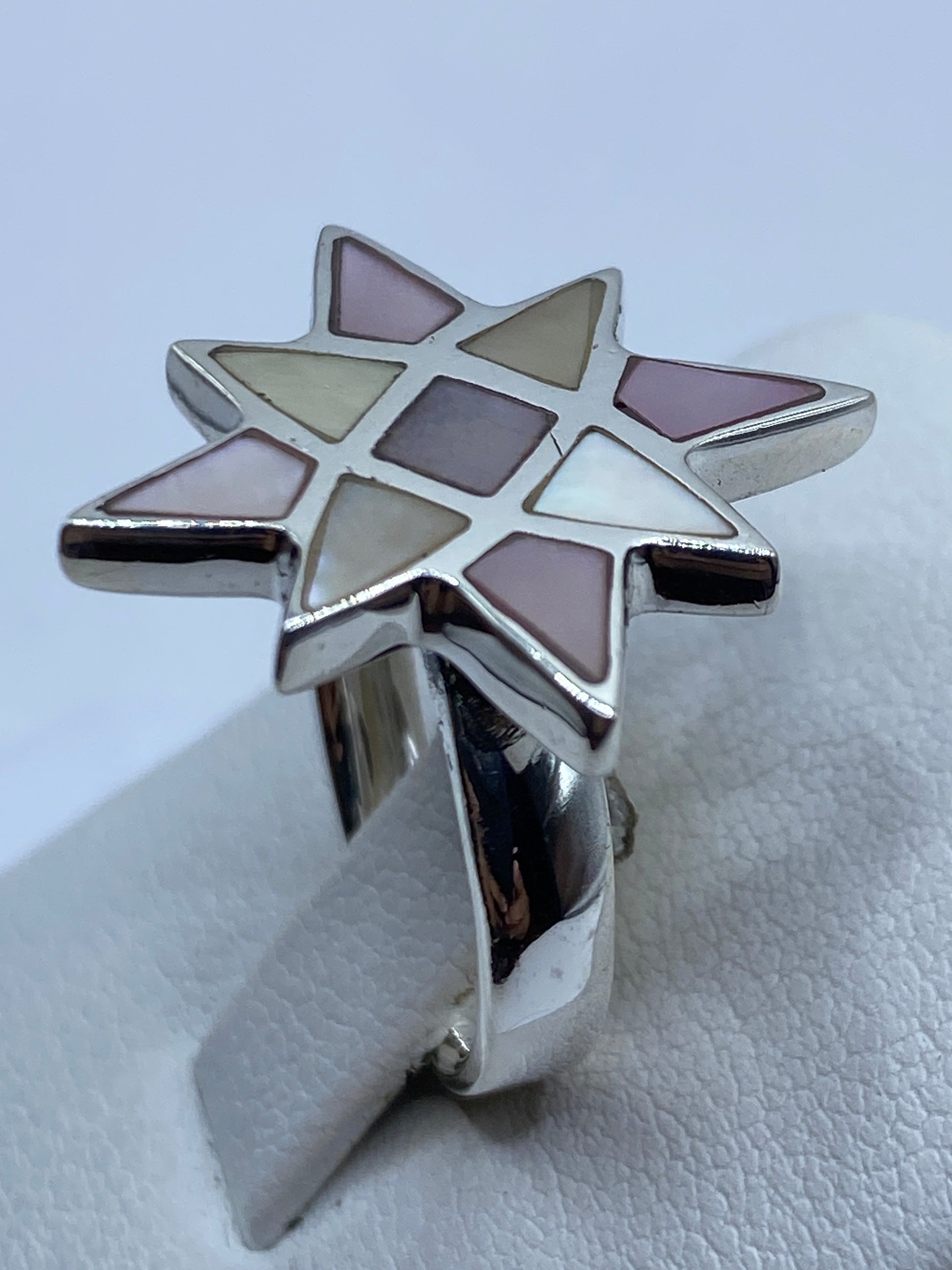 Detalle lateral del mecanismo giratorio del anillo estrella en plata