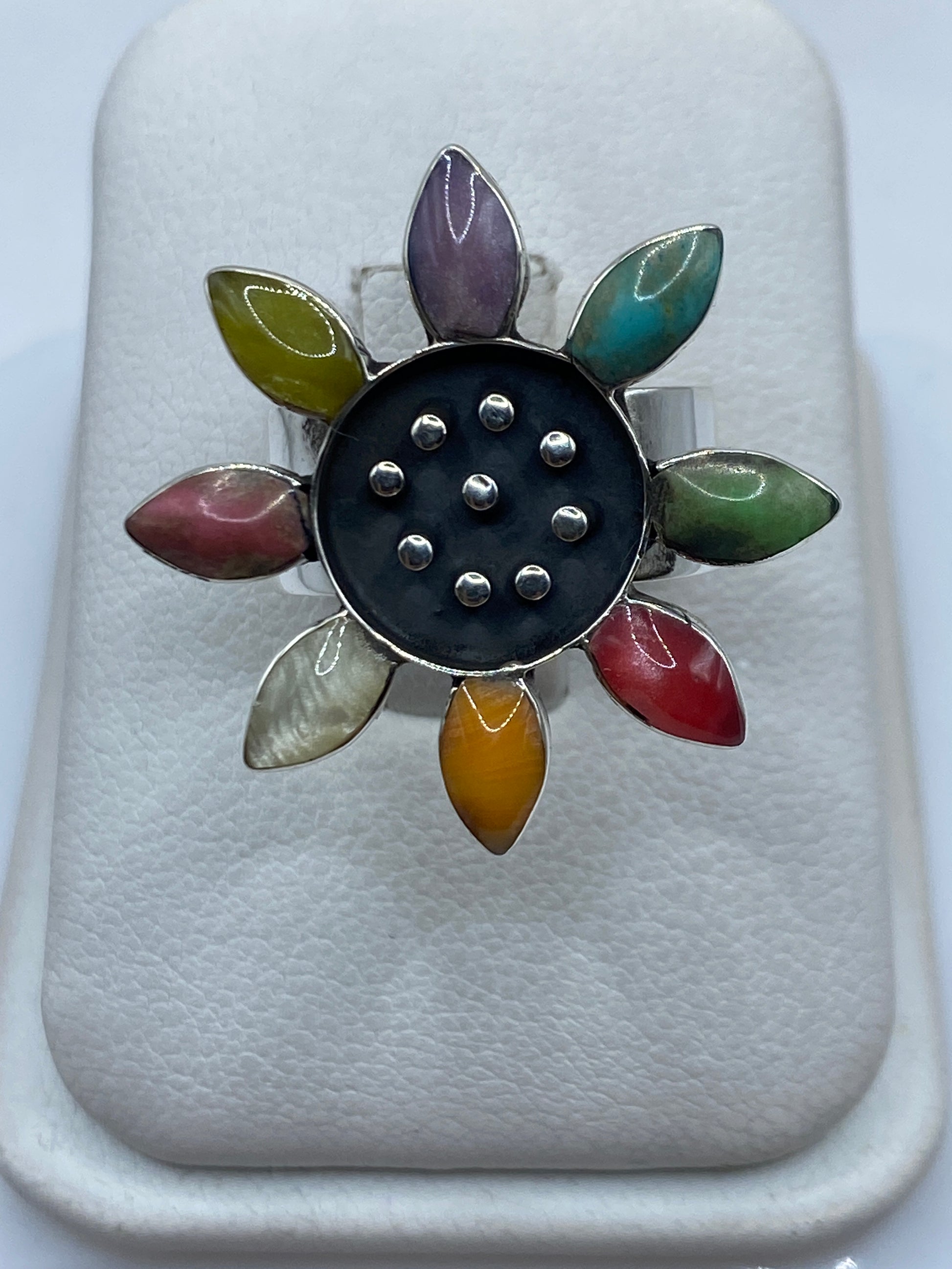 Anillo floral de plata con piedras naturales multicolor en forma de girasol, ajustable
