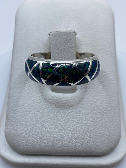 Anillo de plata .950 con ópalo de fuego azul en diseño mosaico geométrico