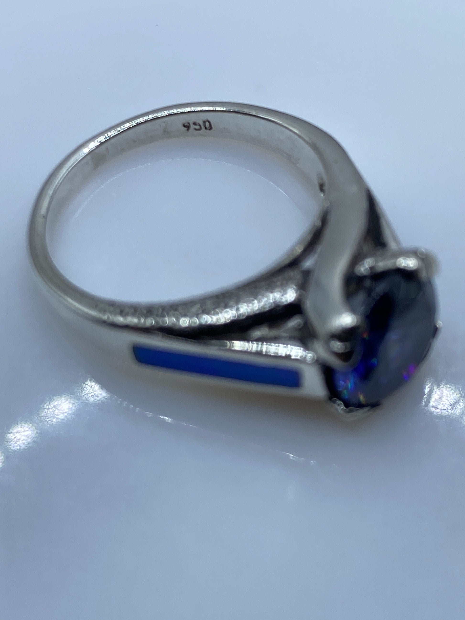 Anillo de Plata .950 Ópalo de Fuego Azul — Solitario Elegante — foto 5