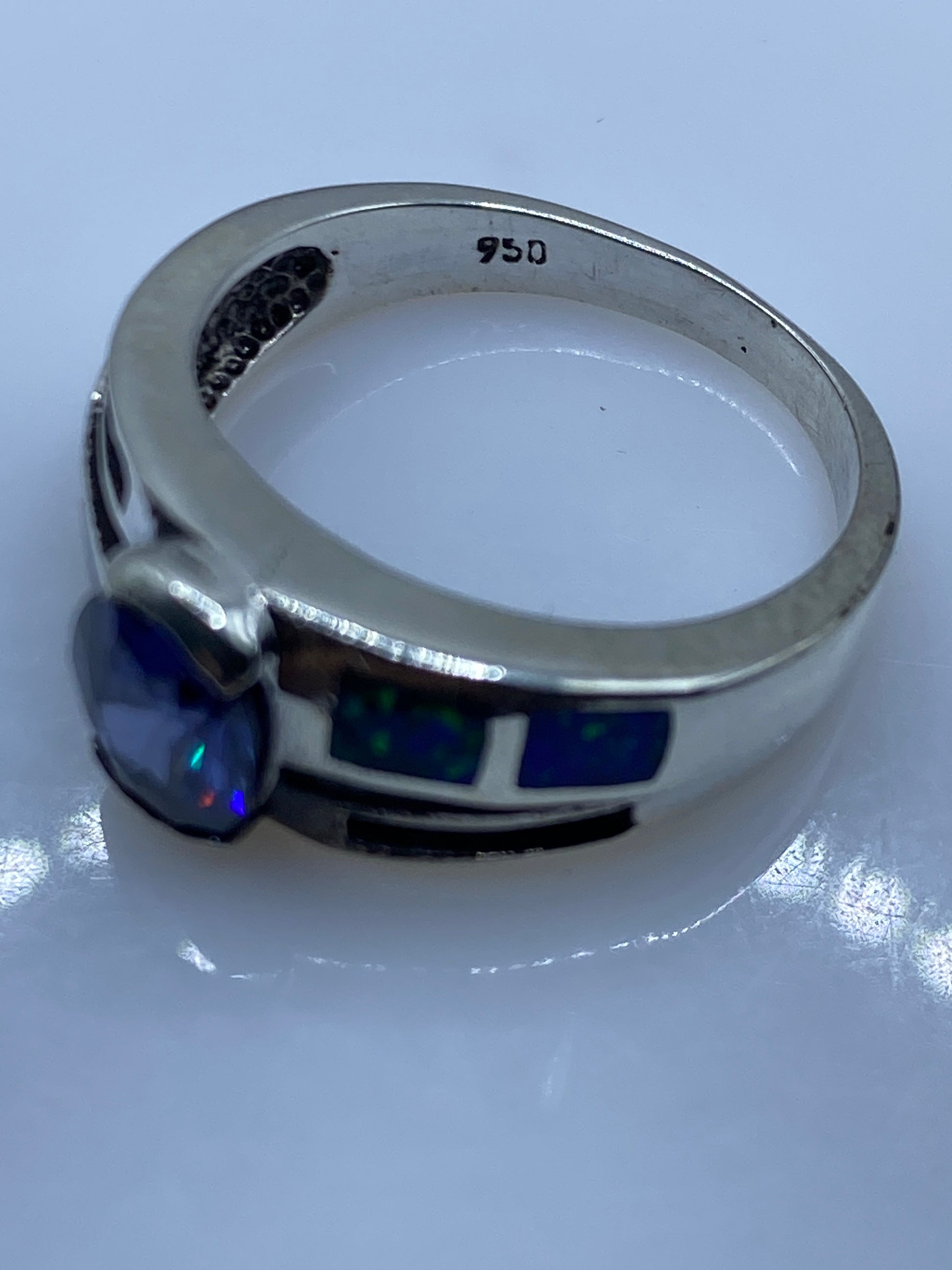 Anillo de Plata .950 Ópalo de Fuego Azul — Solitario Artesanal — foto 5