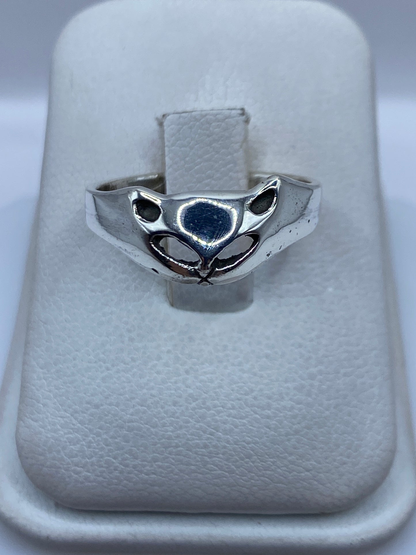 Anillo de plata con cara de gato minimalista en los ojos abiertos sobre estuche blanco