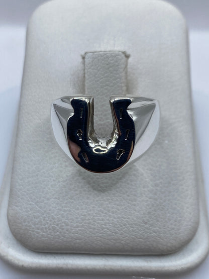 Anillo de plata cartoneado en volumen escultural, vista frontal mostrando la forma 3D
