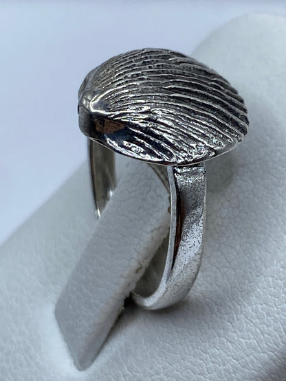 Anillo de concha de plata puesto en dedo, mostrando su acabado brillante