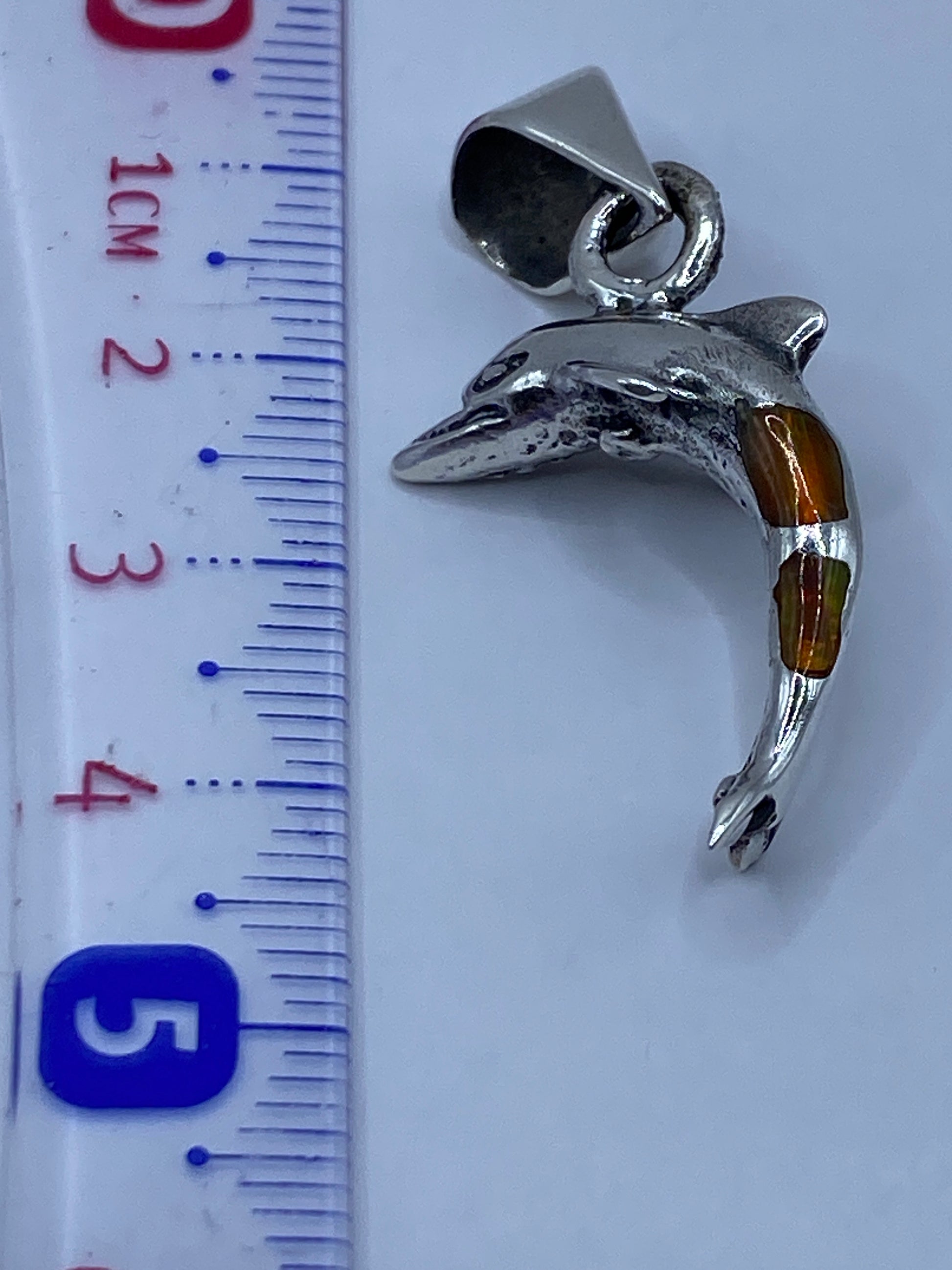 Dije de delfín sobre cadena de plata, visto al cuello en presentación