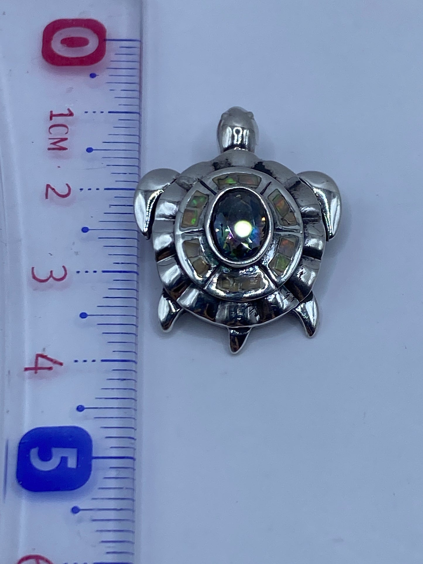 Dije tortuga de 3.3 cm junto a regla métrica para escala de tamaño