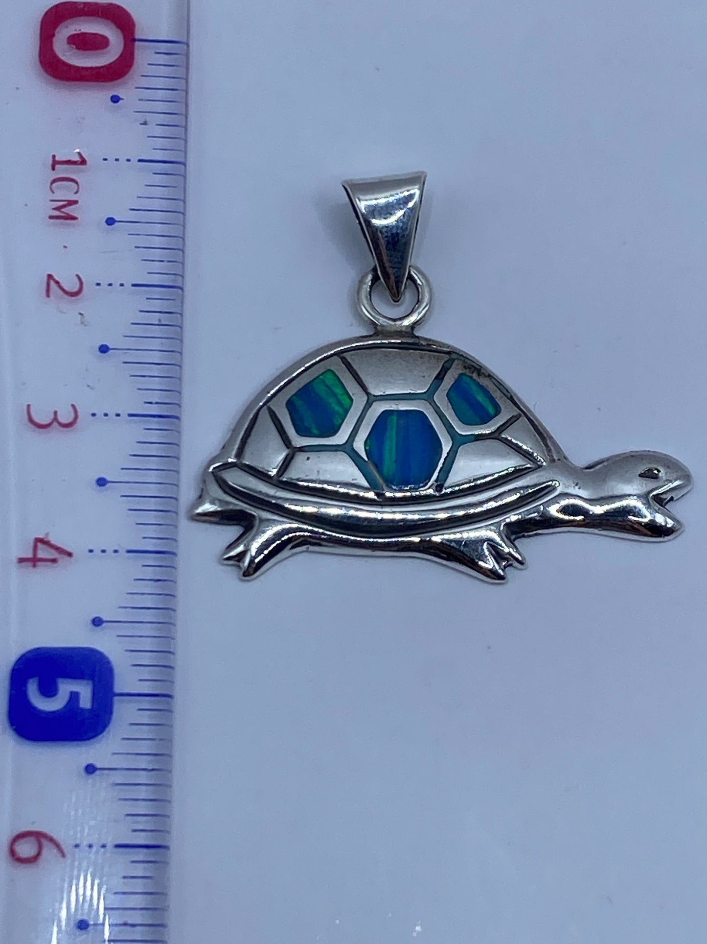 Dije tortuga de 4 cm de largo junto a regla para escala, sobre fondo blanco