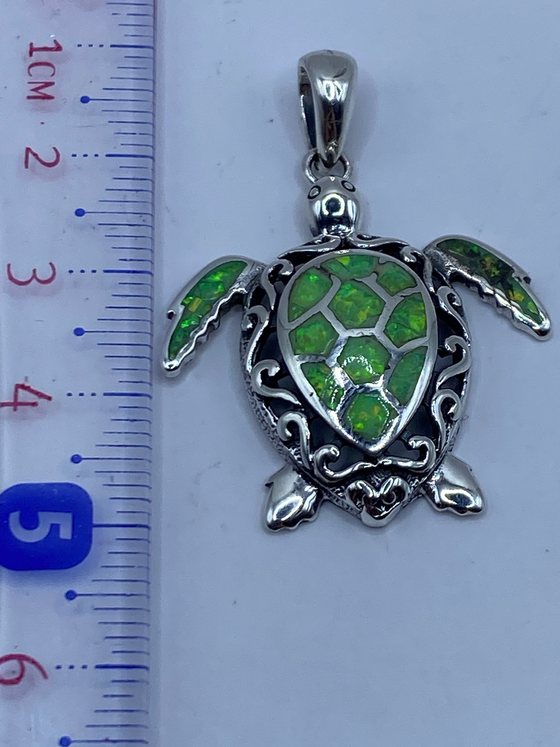 Dije tortuga marina medido a lado de regla, mostrando 4.7 cm de largo