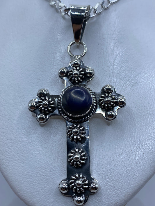 Dije cruz de plata .925 con onix azul en el centro, 8 cm de largo