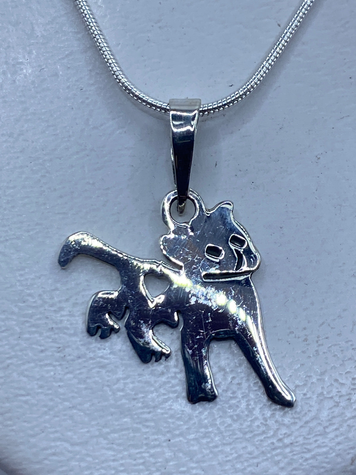 Dije de plata gato minimalista en cadena, detalle frontal del rostro felino