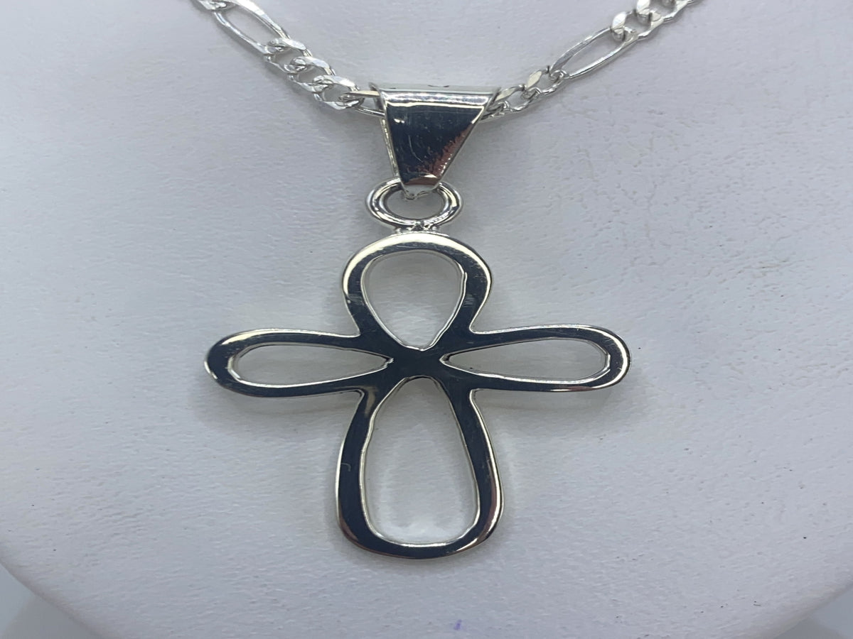 Dije cruz de plata .925 en calado de Taxco, 5 cm de largo, sobre cadena Figaro