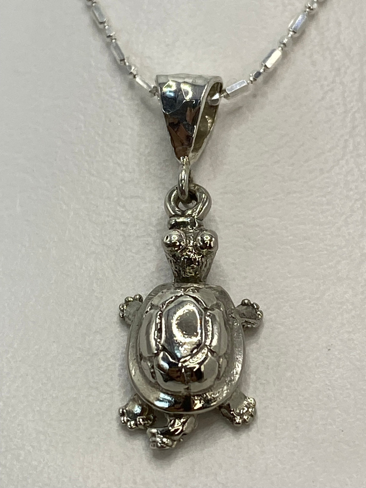 Dije de tortuga en plata repujada colgando de una cadena delgada