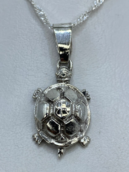 Dije de plata en forma de tortuga escultural, colgando de una cadena de plata brillante