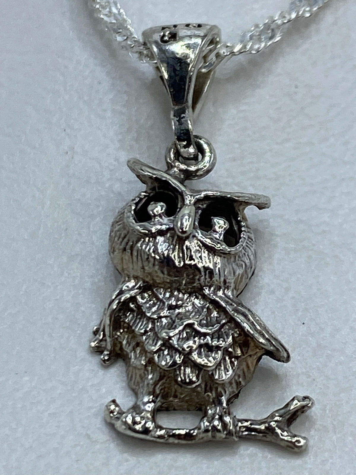 Detalle de los ojos y pecho del búho de plata
