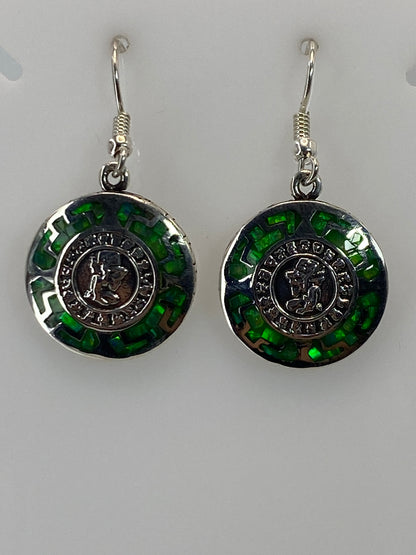 Aretes de plata 950 con ópalo de fuego verde limón, diseño circular prehispánico, 3.8 cm