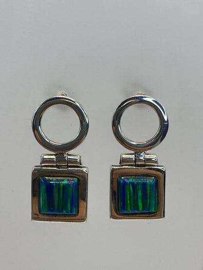 Par de aretes de plata 950 con ópalo de fuego multicolor, diseño cuadrado, colgantes de anillo