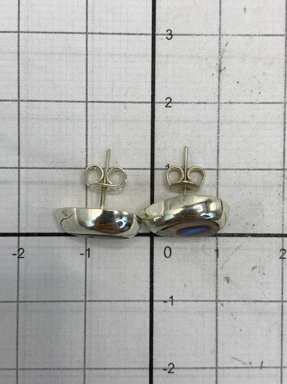 Pair of sterling silver earrings with multicolor stone on white background