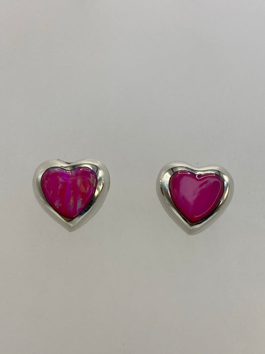 Aretes de plata con ópalo de fuego rosa, tamaño pequeño, engastados a mano