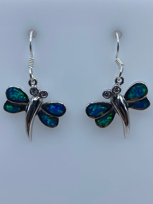 Par de aretes de plata con Ópalo de Fuego azul, 2.7 cm, gancho espiral