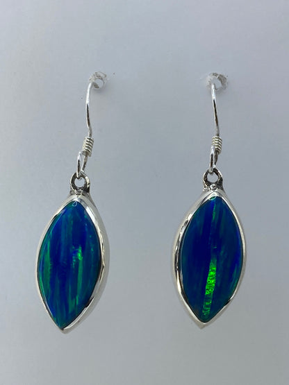 Aretes de plata con ópalo de fuego multicolor, largos 3.2 cm, gancho francés