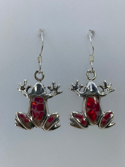 Par de aretes de plata 950 con ópalo de fuego rosa, forma de rana, colgando de ganchos francés