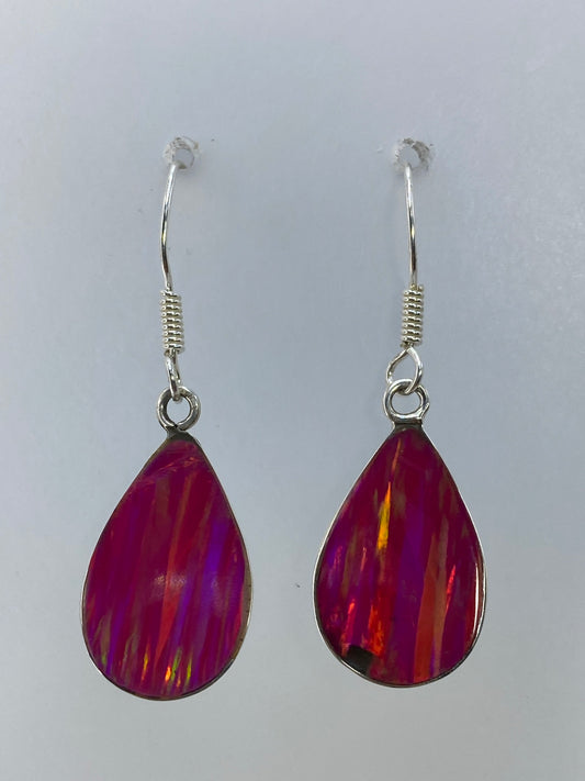 Aretes de plata con ópalo de fuego rosa en forma de gota de 3.5 cm, par completo