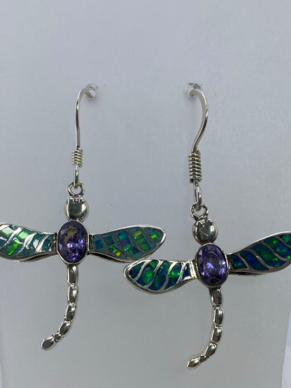 Par de aretes libelula de plata 950 con Opalo de Fuego tonalidad verde limon