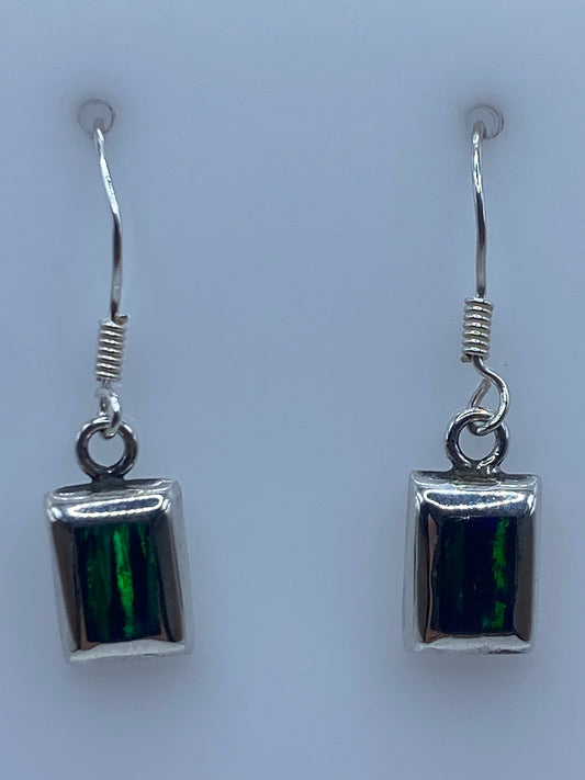 Pair of square silver earrings with fire opal stone, 2.9 cm long, on white background