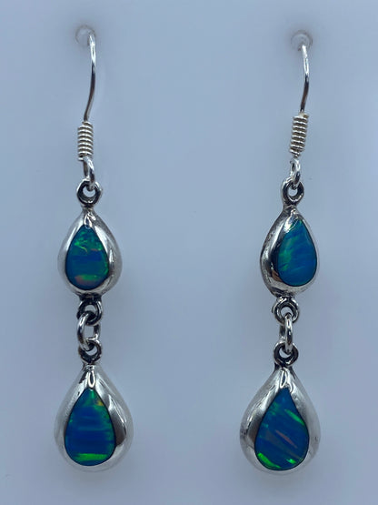 Par de aretes de plata 925 con ópalo de Fuego azul cielo, de 4 cm de largo