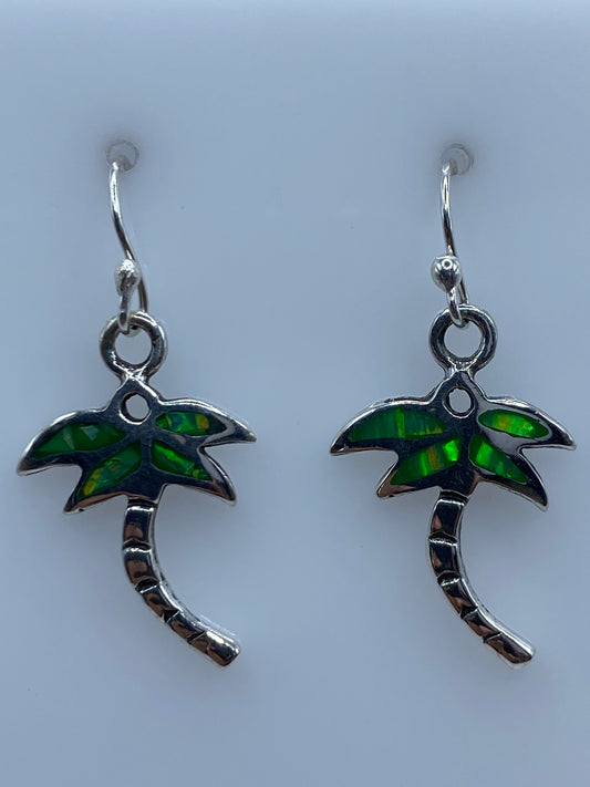Par de aretes palmera de plata 950 con opalo de fuego verde limon engastado a mano