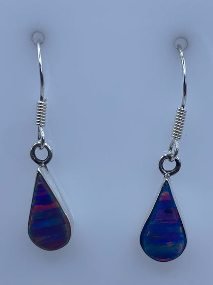 Par de aretes de plata 950 con ópalo de fuego multicolor azul, rojo y naranja, gancho de plata pulida