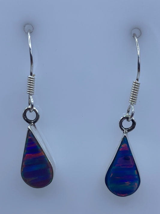 Par de aretes de plata 950 con ópalo de fuego multicolor azul, rojo y naranja, gancho de plata pulida