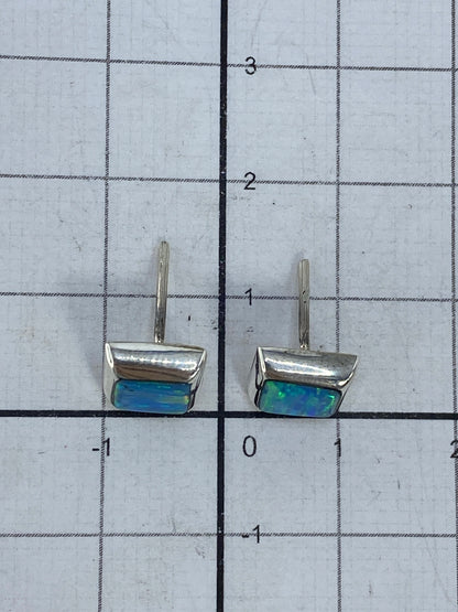 Vista frontal de los aretes: opalo brillante en contraste con plata pulida