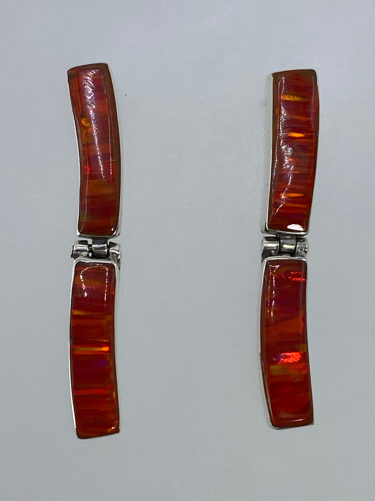 Par de aretes de plata con Ópalo de Fuego naranja, diseño alargado de 3.3 cm