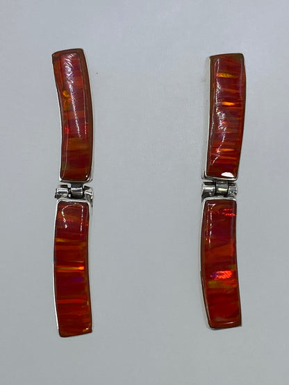 Par de aretes de plata con Ópalo de Fuego naranja, diseño alargado de 3.3 cm