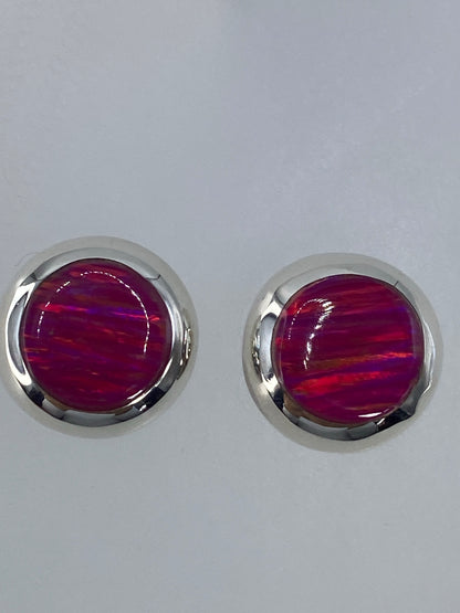 Par de aretes de plata 925 con ópalo de fuego rosa engastado, en herradura de plata pulida