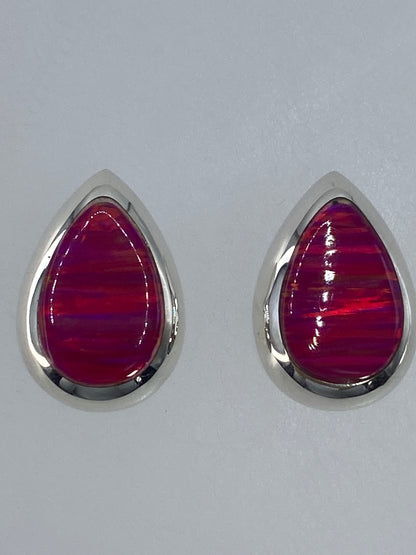 Par de aretes de plata 925 con Ópalo de Fuego rosa, engastado a mano, 1.2 cm de largo