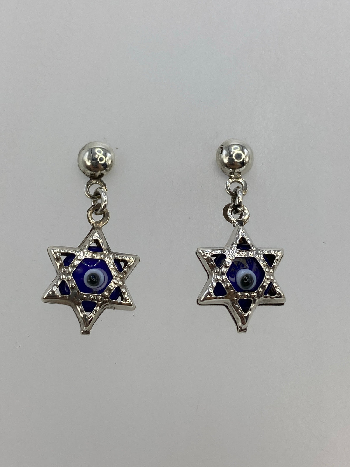 Par de aretes de plata 925 con Estrella de David y ojo turco azul, diseño en calado