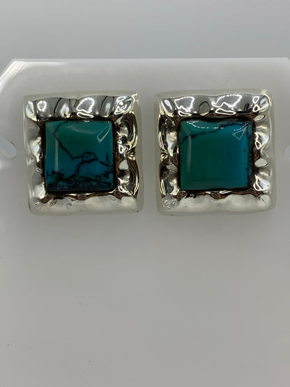 Par de aretes cuadrados de plata 925 con turquesa azul natural, diseño Taxco