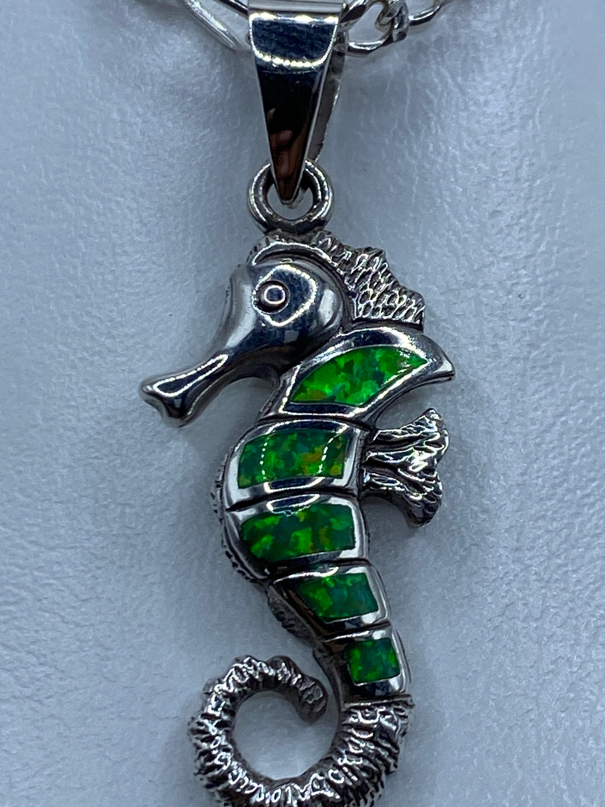 Dije caballito de mar sobre escala de centimetros, midiendo 4.6 cm de largo