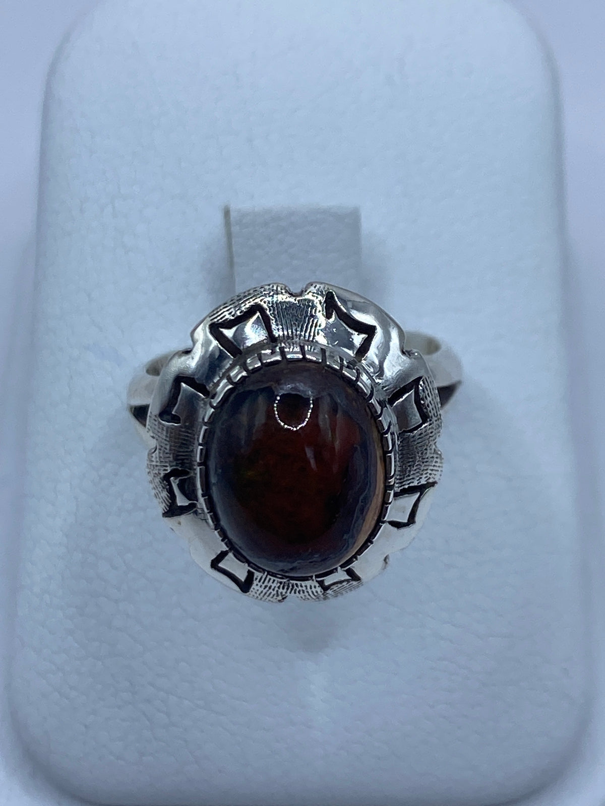 Anillo de plata 925 con ópalo de fuego natural en talla 7, diseño geométrico de Taxco