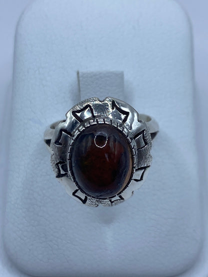 Anillo de plata 925 con ópalo de fuego natural en talla 7, diseño geométrico de Taxco