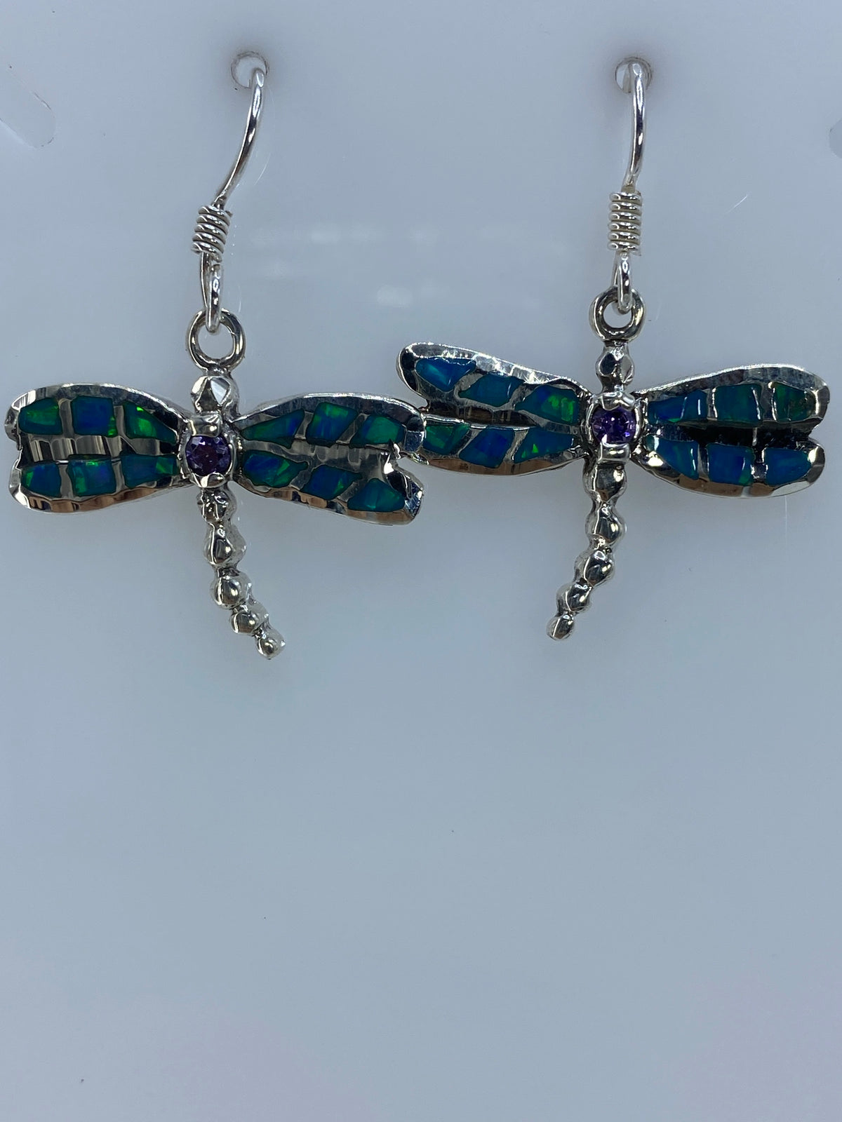 Aretes de plata 950 en forma de libélula con ópalo de fuego verde limón y circonia morada, par