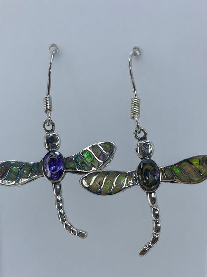 Aretes de libélula en plata con ópalo de fuego multicolor y circonia morada