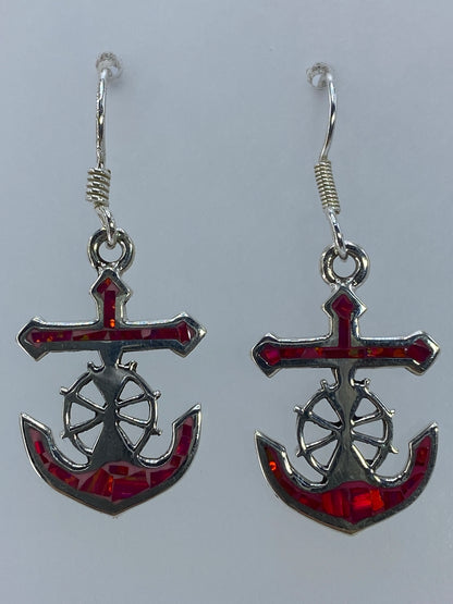 Par de aretes cruz marinera con ópalo de fuego rosa en plata 950